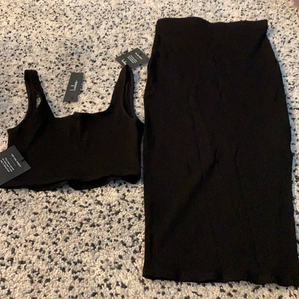 Lulu’s black 2 piece dress with cropped tank top and slit skirt bottom - XS